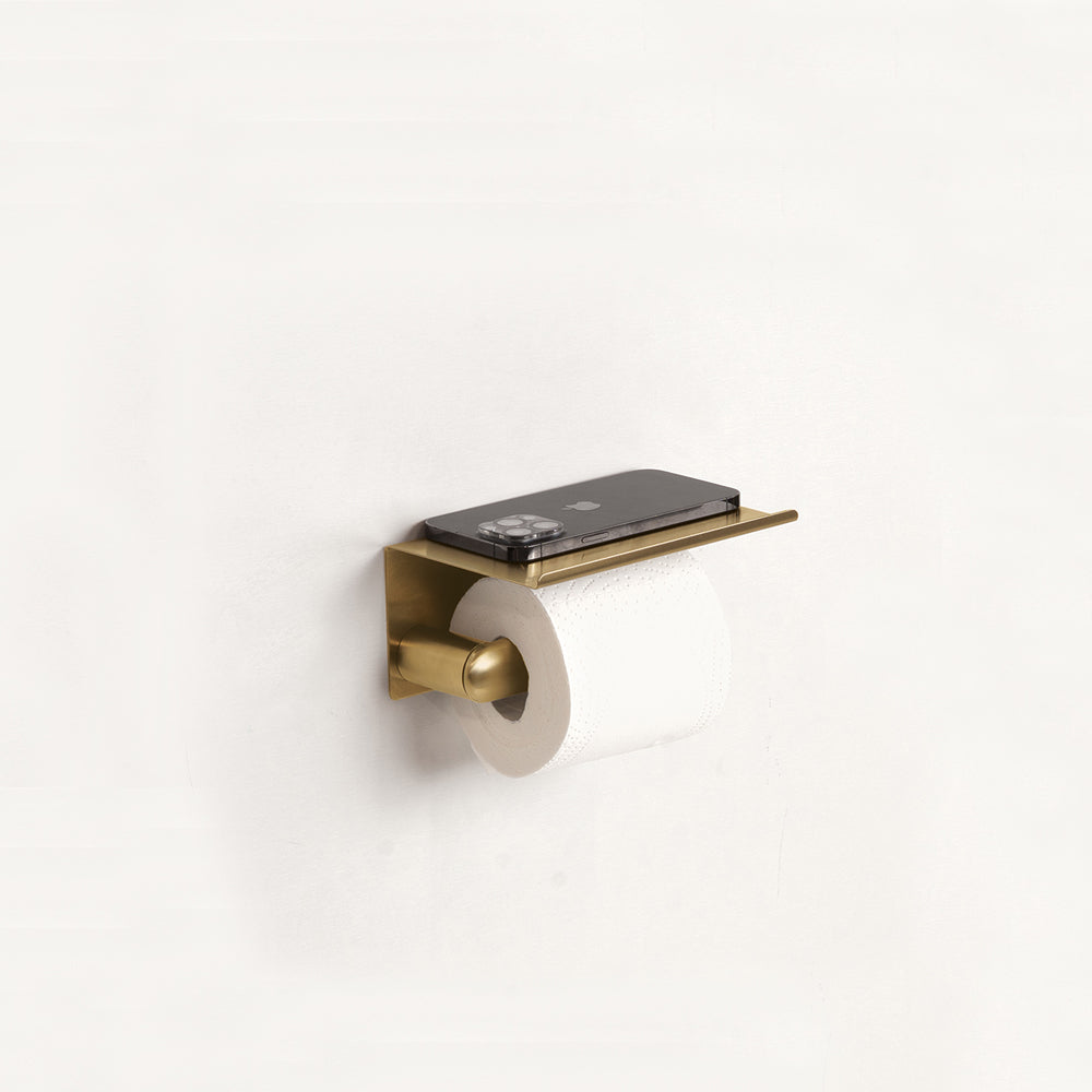 Toilet Paper Holder with Shelf — Brushed Gold