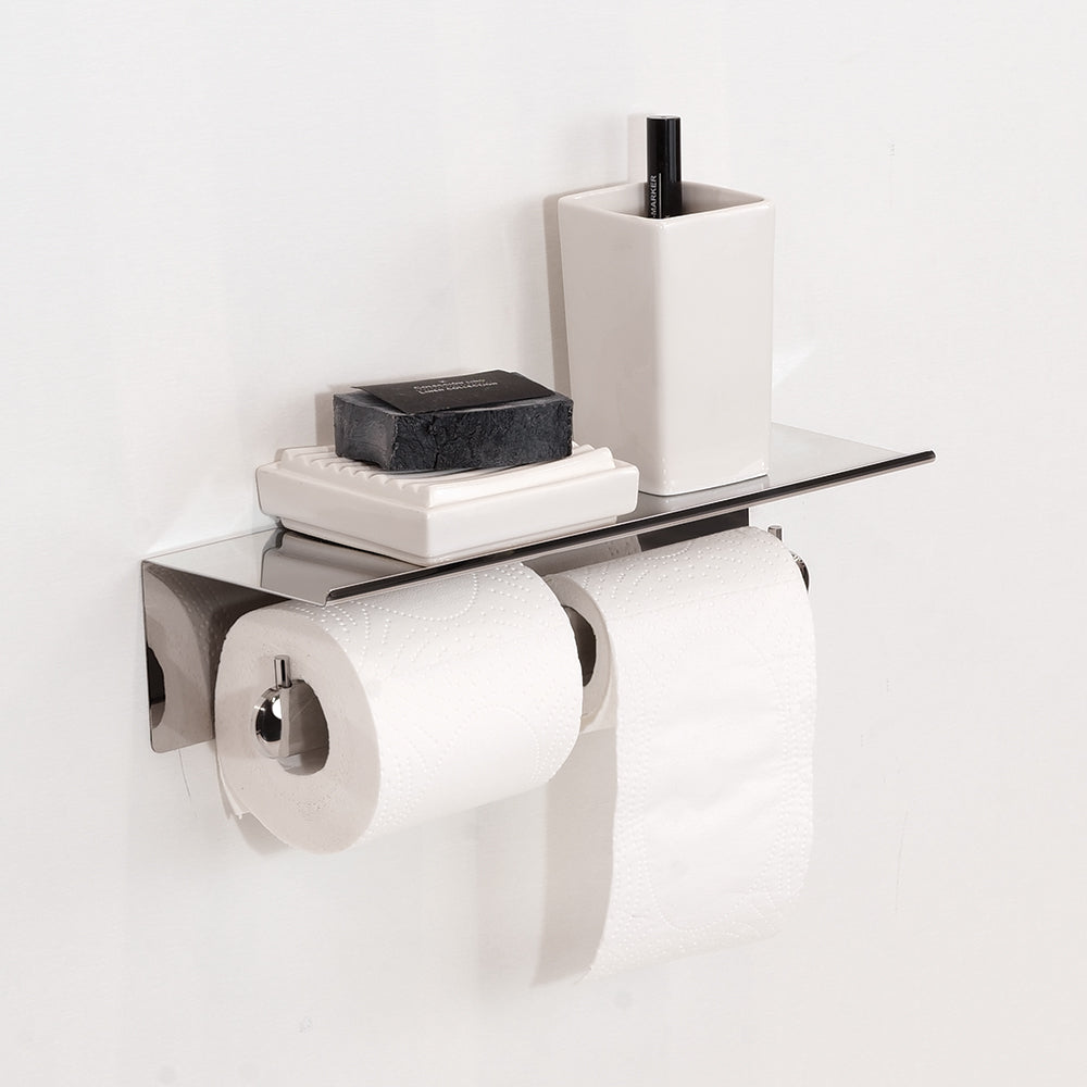 Corona Doppel-Toilettenpapierhalter mit Ablage – Poliertes INOX
