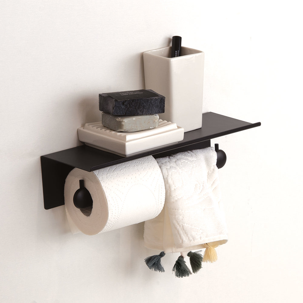 Double Toilet Paper Holder with Shelf — Black Matt