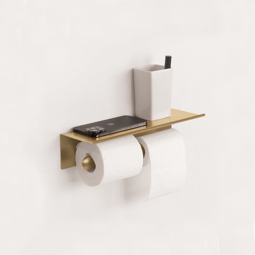 Double Toilet Paper Holder with Shelf — Brushed Gold